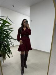 Mc 5586 Bordo Floklu Kruvaze Elbise