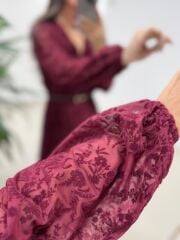 Mc 5586 Bordo Floklu Kruvaze Elbise