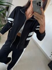 Ms 00064 Siyah-Beyaz Şerit Geçişli Fermuarlı Modal Takım