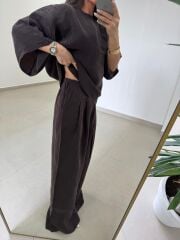 Fp 51357 Kahve Liyosel Bluz Pantolon Takım