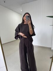 Fp 51357 Kahve Liyosel Bluz Pantolon Takım