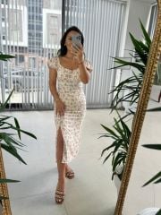 My 3092 Brska Model Krem Çiçekli Midi Elbise
