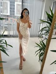 My 3092 Brska Model Krem Çiçekli Midi Elbise