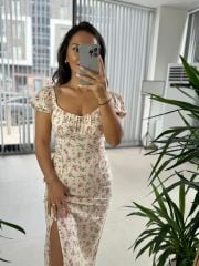 My 3092 Brska Model Krem Çiçekli Midi Elbise