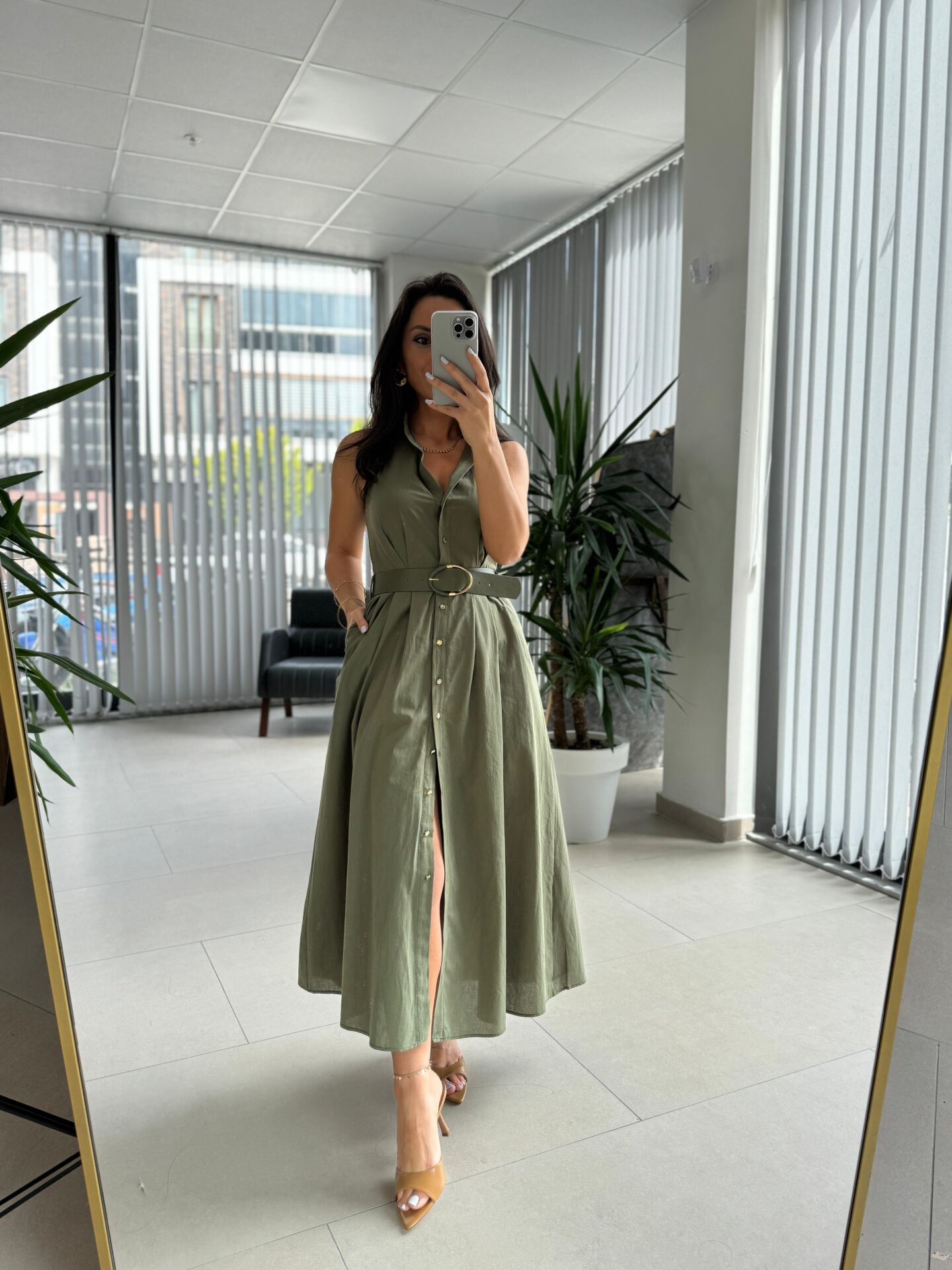 My 3747 Haki Kemerli Gold Düğmeli Elbise