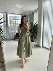 My 3747 Haki Kemerli Gold Düğmeli Elbise