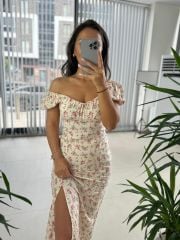 My 3092 Brska Model Krem Çiçekli Midi Elbise