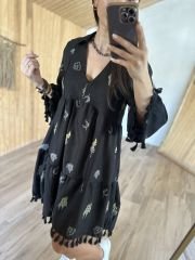 Keten nakışlı siyah elbise