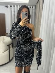 My 3344 Gümüş Payetli Tek Omuz Elbise