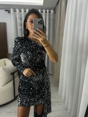 My 3344 Gümüş Payetli Tek Omuz Elbise