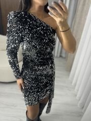 My 3344 Gümüş Payetli Tek Omuz Elbise