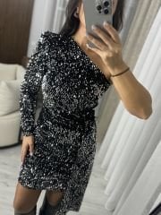My 3344 Gümüş Payetli Tek Omuz Elbise