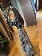 Rn 35555 Ekoseli Kemerli Kahve Elbise