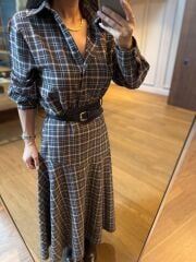 Rn 35555 Ekoseli Kemerli Kahve Elbise