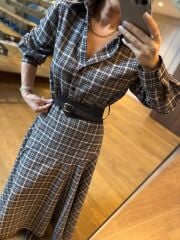 Rn 35555 Ekoseli Kemerli Kahve Elbise