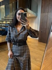 Rn 35555 Ekoseli Kemerli Kahve Elbise