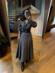 Rn 35555 Ekoseli Kemerli Kahve Elbise