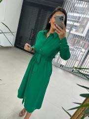 Ms Yeşil Düğmeli Gömlek Elbise