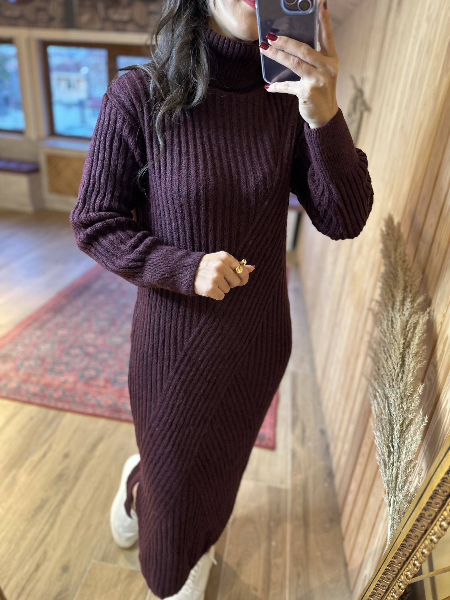Bordo balıkçı uzun triko elbise