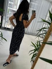 My 3092 Brska Model Siyah Çiçekli Midi Elbise