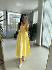 My 3747 Sarı Kemerli Gold Düğmeli Elbise