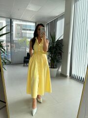 My 3747 Sarı Kemerli Gold Düğmeli Elbise