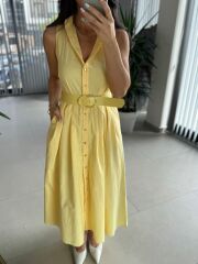My 3747 Sarı Kemerli Gold Düğmeli Elbise