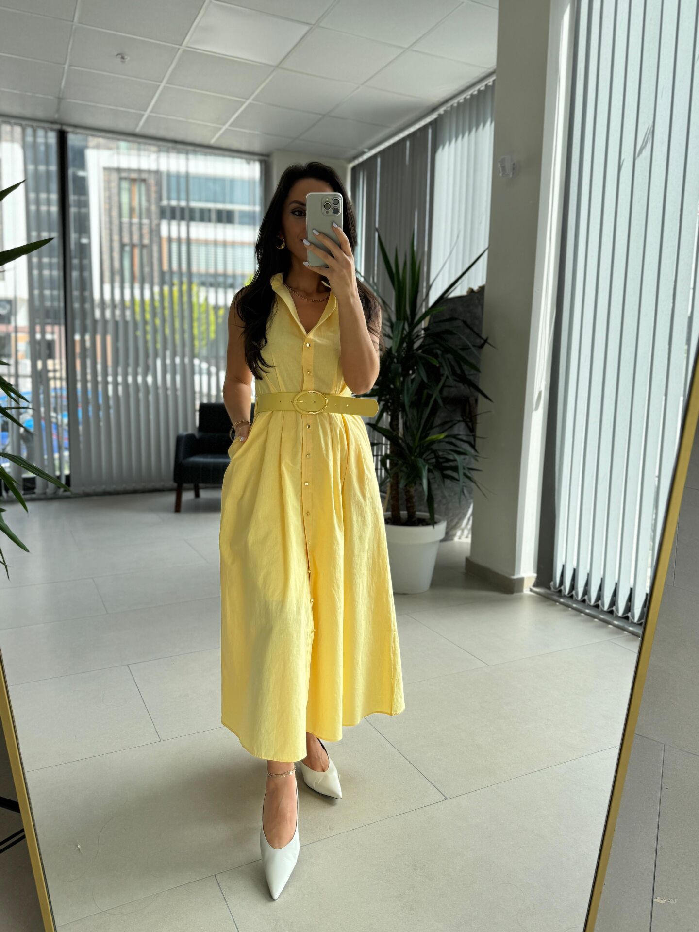 My 3744 Sarı Kemerli Gold Düğmeli Elbise