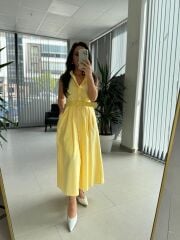 My 3747 Sarı Kemerli Gold Düğmeli Elbise