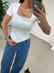 İv 24169 Kare Yaka Kısa Kollu Beyaz Bluz