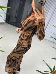 Mc Balıkçı Büzgülü Kahve Tül Elbise