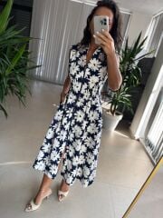 Cr 1028 Laci-Beyaz Çiçekli Pamuk Gabardin Elbise