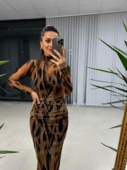 Mc Balıkçı Büzgülü Kahve Tül Elbise