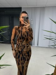 Mc Balıkçı Büzgülü Kahve Tül Elbise