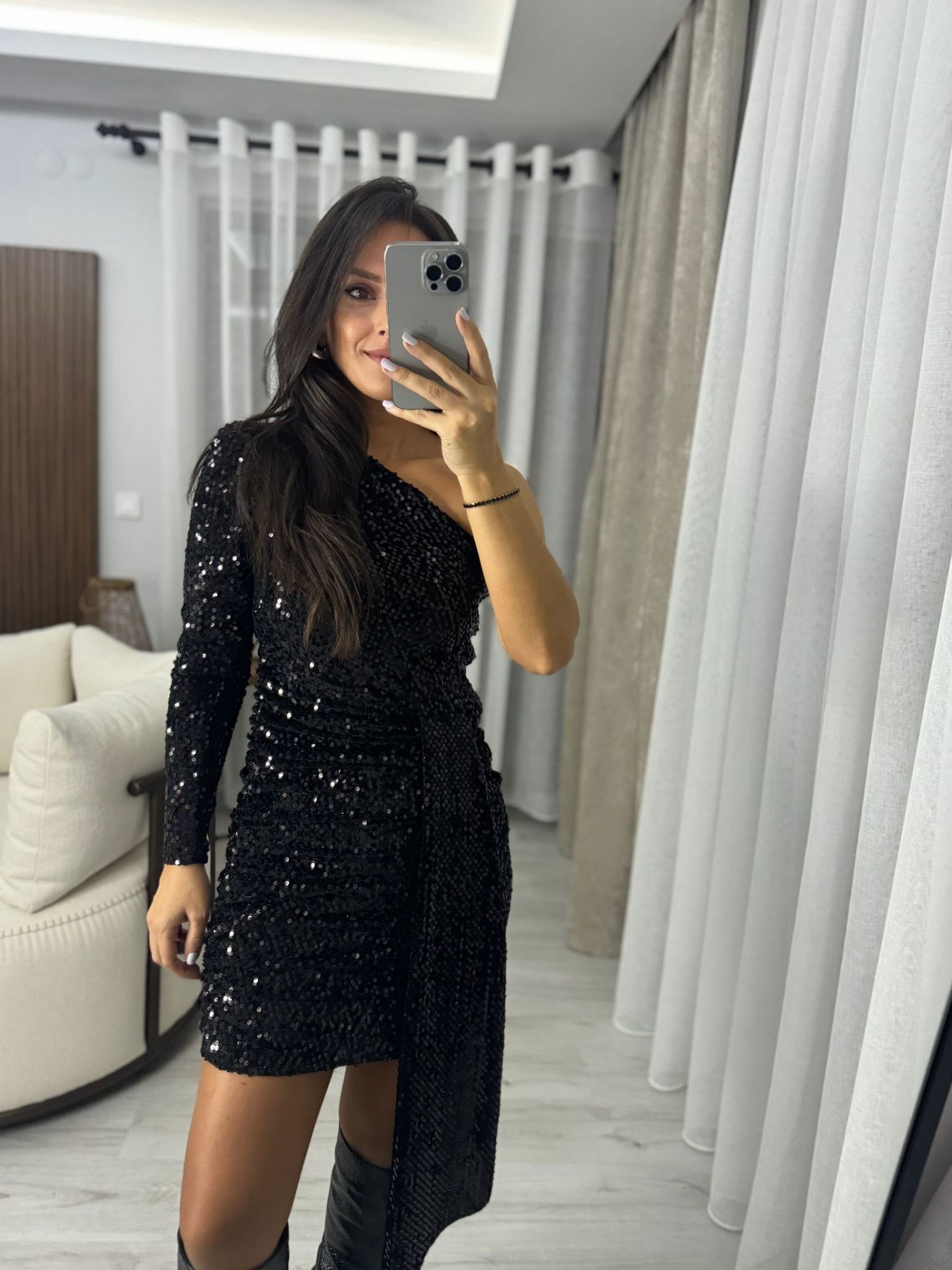 My 3344 Black Sequined One Shoulder Dress