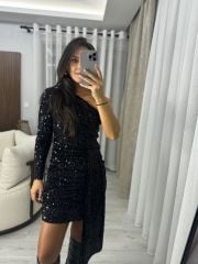 My 3344 Black Sequined One Shoulder Dress