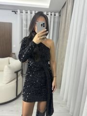 My 3344 Black Sequined One Shoulder Dress