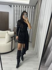 My 3344 Black Sequined One Shoulder Dress