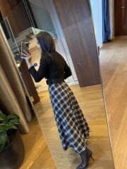 Rn 35552 A. Kahve Kaşkorse Ekose Detaylı Kemerli Elbise