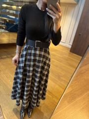 Rn 35552 A. Kahve Kaşkorse Ekose Detaylı Kemerli Elbise