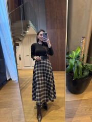 Rn 35552 A. Kahve Kaşkorse Ekose Detaylı Kemerli Elbise