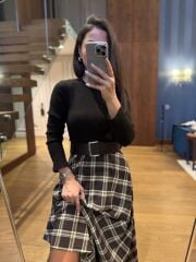 Rn 35552 A. Kahve Kaşkorse Ekose Detaylı Kemerli Elbise