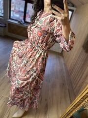 Nar Çiçeği Geçişli Uzun Şifon Elbise