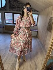 Nar Çiçeği Geçişli Uzun Şifon Elbise