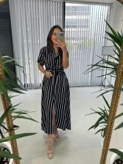 Dr 2604 Siyah Beyaz Çizgili Gömlek Elbise
