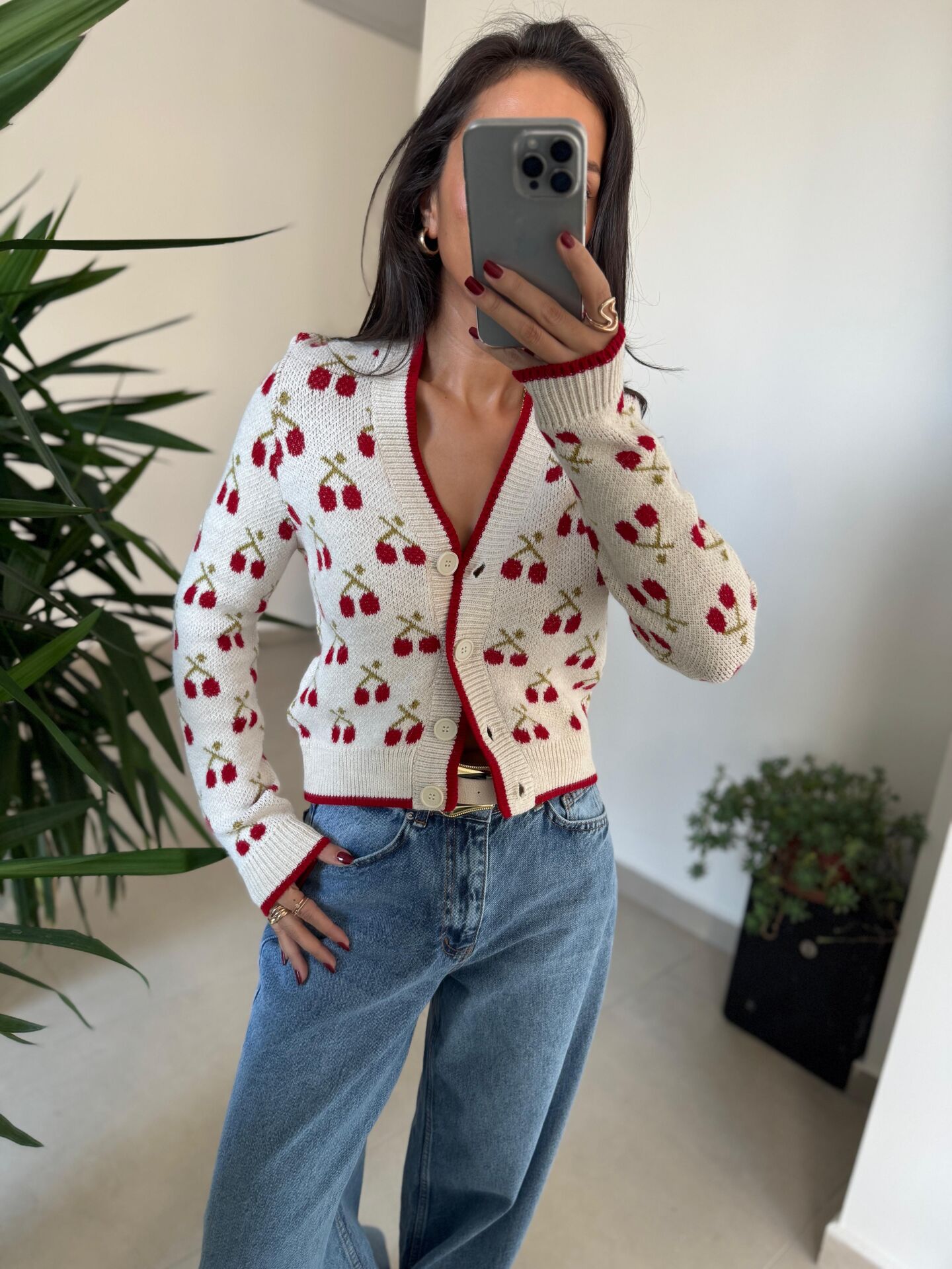 Orj. Marka Kirazlı Desenli Triko Hırka