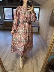 Nar Çiçeği Geçişli Uzun Şifon Elbise