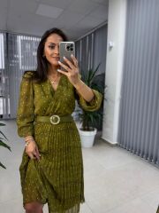 My 3286 Puantiyeli Yağ yeşili Şifon Elbise