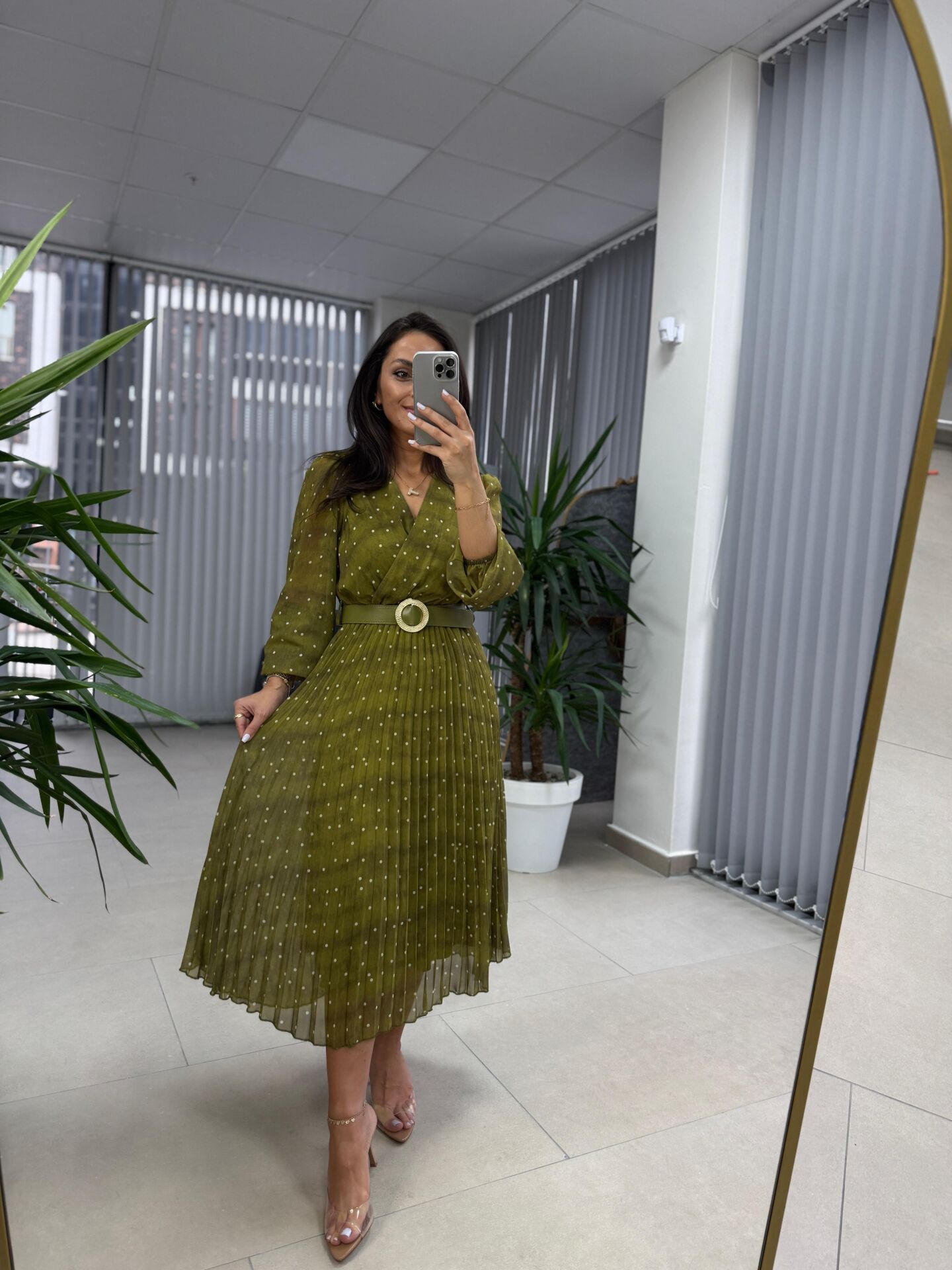 My 3286 Puantiyeli Yağ yeşili Şifon Elbise | Caddstore