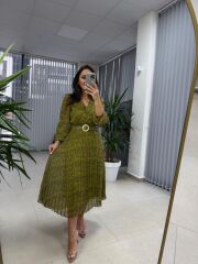 My 3286 Puantiyeli Yağ yeşili Şifon Elbise